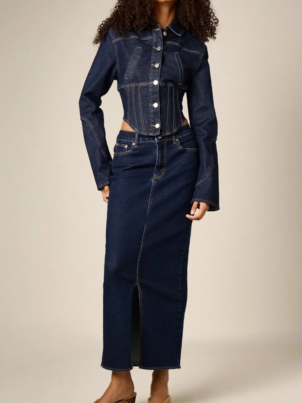 Blue Casual Women's High Waisted Denim Pencil Skirt With Front Split